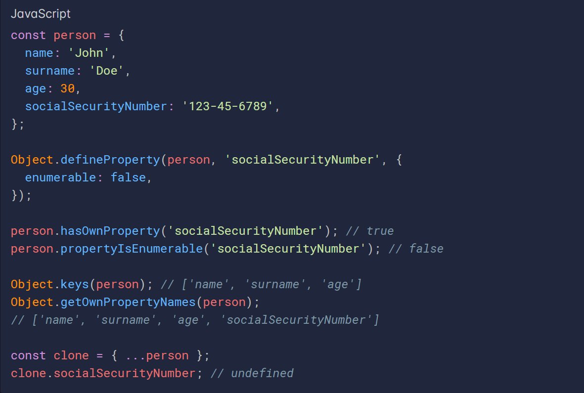 pushkar_y_98's tweet photo. object properties are #enumerable by default, unless they are #Symbols. This means that you can use the for...in loop to iterate over the properties of an object.
enumerable properties appear in #object methods that enumerate the properties of an object.
#javascript #Coding https://t.co/9QdS7kn5jd