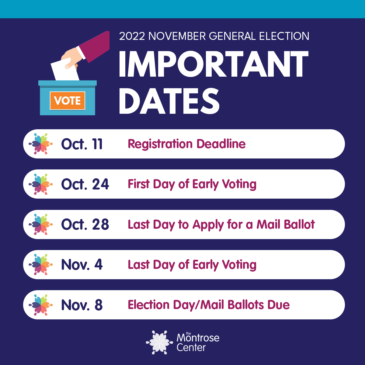 MontroseCenter's tweet photo. We're less than 40 days from the first day of Early Voting for the 2022 November General Election! Check out these upcoming important dates. https://t.co/ZmKBvK2PCr