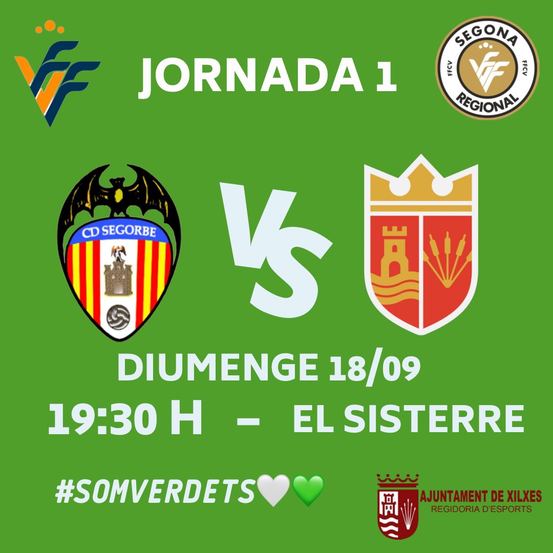 ATXilxesCF's tweet photo. 🏆 2ª Regional Grup III, Jornada 1
🏟 Camp El Sisterre
⚽️ CD Segorbe - Atlètic Xilxes CF
📅 Diumenge 18 de setembre
⏰ 19:30 hores
#somverdets💚 #Xilxesdeporte #ATXilxesCF #xilxesperatu #tornarem https://t.co/L2FXsujrWH