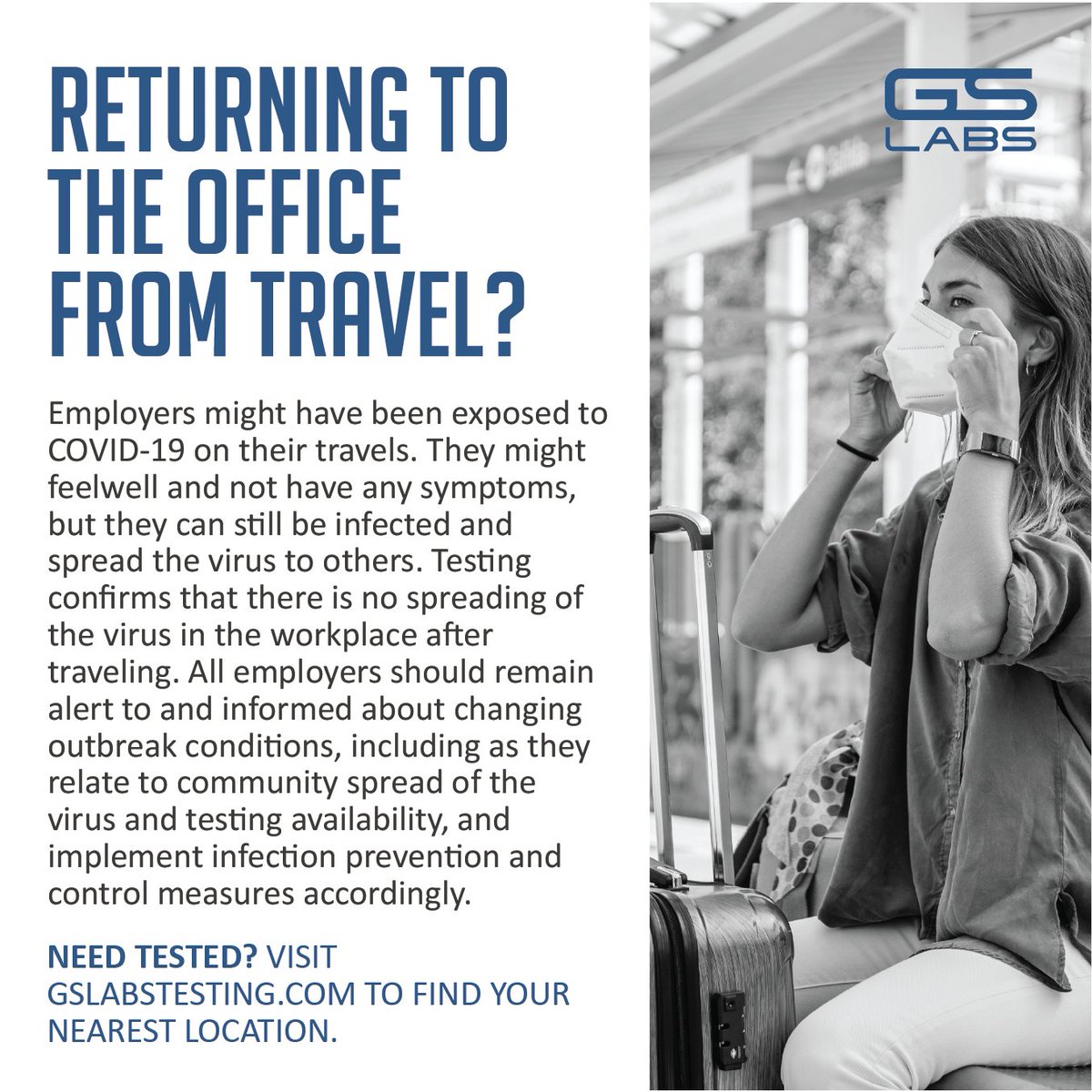 GSLabsTestingUS's tweet photo. Are you returning to the office after traveling? 🤔

Here is everything you need to know about returning to your workplace during the COVID-19 pandemic.

If you're looking to schedule a COVID-19 test, visit our website below. ⬇️
📲 https://t.co/uobcl2ztqm https://t.co/Kl34X0SuXq