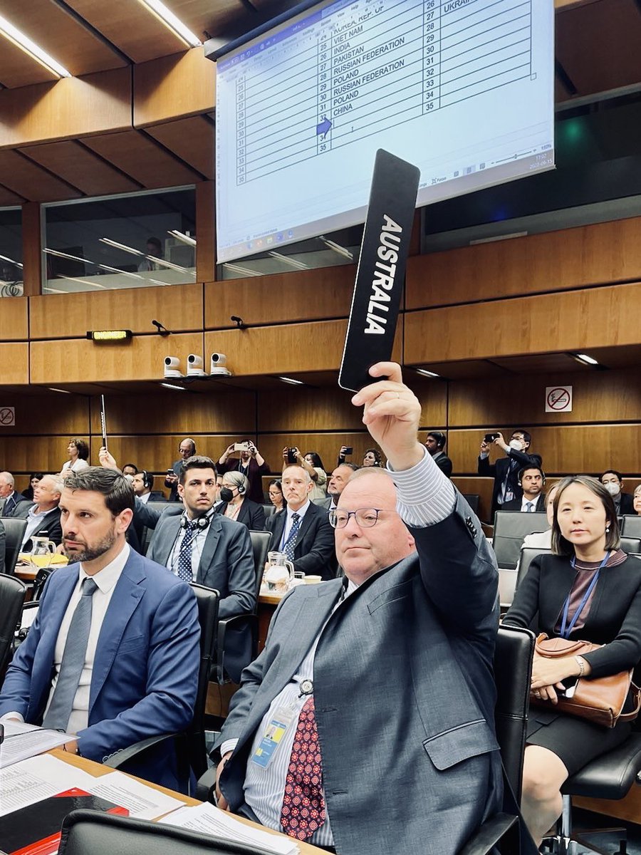 AusAmbVIE's tweet photo. The @iaeaorg Board of Governors has sent another strong message to Russia: cease immediately all actions threatening nuclear safety &amp; security, and return the Zaporizhzhia nuclear plant &amp; all other Ukrainian territory to 🇺🇦 control. 🇦🇺 proud to vote for this important resolution. https://t.co/NGf3jPIFje