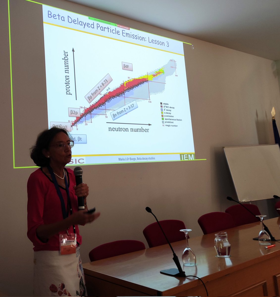 María José García Borge fin @IEM_CSIC gives a lecture on beta delayed particle emission. Euroschool on Exotic Beams La Rábida 2022.