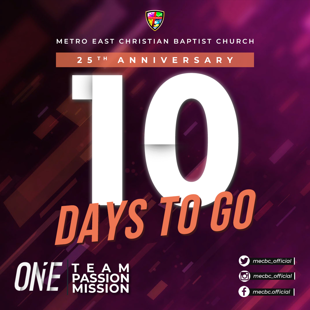 mecbc_official's tweet photo. 10 DAYS TO GO before our 25th Anniversary #mecbc25th

The most-awaited time of our church's anniversary is approaching soon. Let's be excited like never before as we hear God's word through our anointed speakers.

#OneTeamOnePassionOneMission https://t.co/hftAVlTcd6