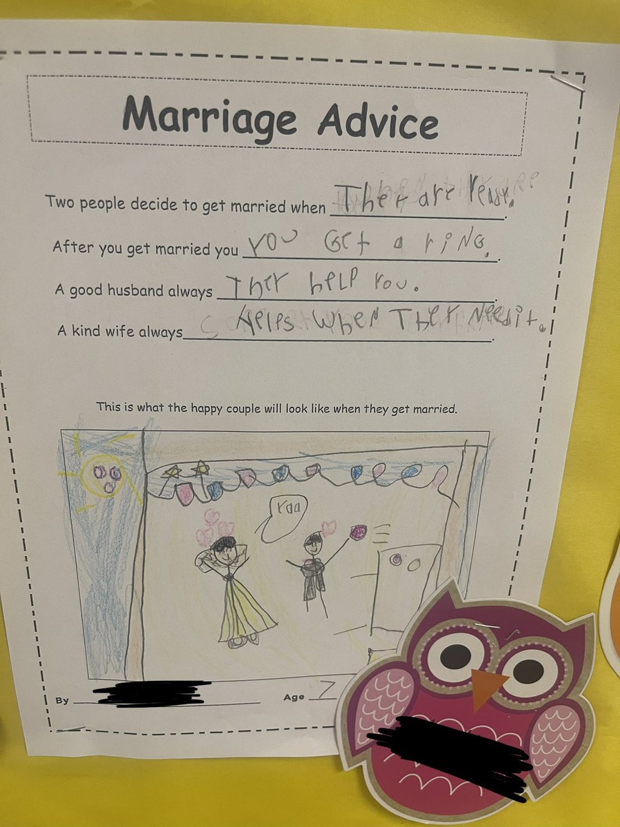 Since I am getting married in a couple weeks I thought it would be a great idea to get some marriage advice from my second graders. I’m here to tell you they did not disappoint 🤣 Here few of my favorites! @JillHandleyKES <a href="/KenwoodElementa/">Kenwood Elementary</a>