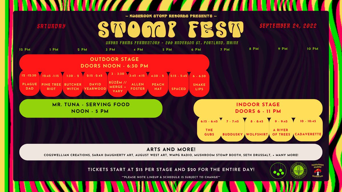 mushroomstompr's tweet photo. For those of the curious mind we give you the  anticipated schedule for STOMP FEST!

Who's coming? Saturday September 24 @Fermentory  in downtown Portland, Maine. Link to tix/info here: https://t.co/SqI33AbiXc!

See ya there! https://t.co/vHY6Lhgo4m