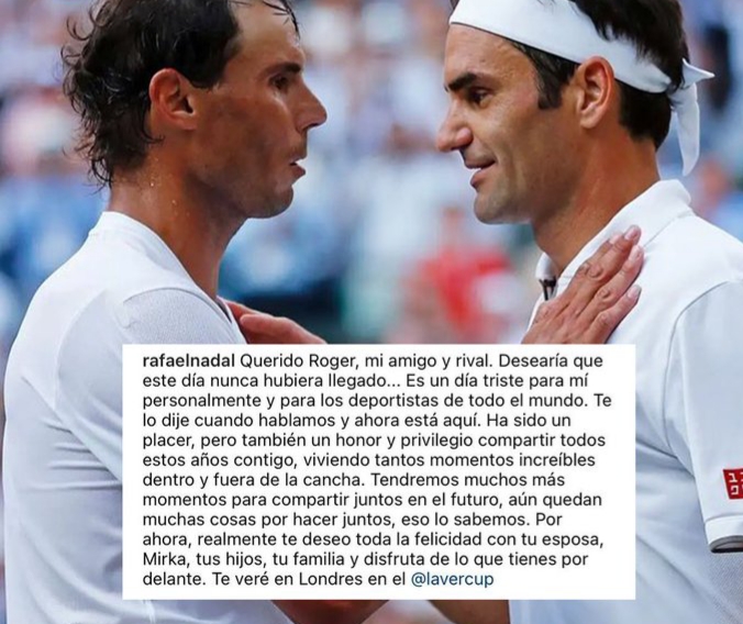 goitiatenis's tweet photo. ¡MENSAJE MUY ESPECIAL! El retiro de Federer impactó a todos. Navratilova le agradeció por "tu magia", muchos se mostraron feliz por compartir cancha con Roger, pero "el" mensaje lo dejó Nadal, que empezó como archirrival y terminó siendo un amigo y gran colega, que se admiran https://t.co/OxwnfKGIIC