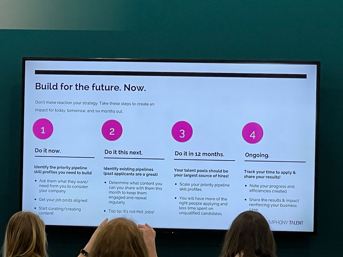 SymphonyTalent_'s tweet photo. At yesterday's Tech Talk session at #HRTechConf, we outlined steps to build for the future NOW. Note these ongoing activities 👇 

➡️ Track progress and efficiencies
➡️ SHARE the results and impact to reinforce your business case

#recruitertwitter #talentacquisition https://t.co/liUeIqHX9J