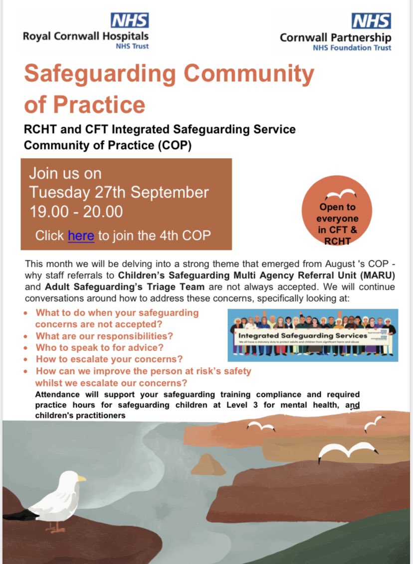 Please join us and spread the word to your teams🙂 <a href="/Integrated_SG/">Integrated Safeguarding Services</a> 

If you would like the meeting link forwarded to you, please email rcht.spoa-integratedsafeguarding@nhs.net #safeguardingcommunityofpractice #cop