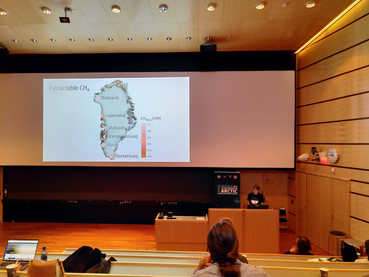 CryoEco's tweet photo. Anna is talking about subglacial CH4 export along the W margin of the Greenland ice sheet at the Arctic Methane conference in Tromso @CAGE_COE https://t.co/mZ3AvkijCW