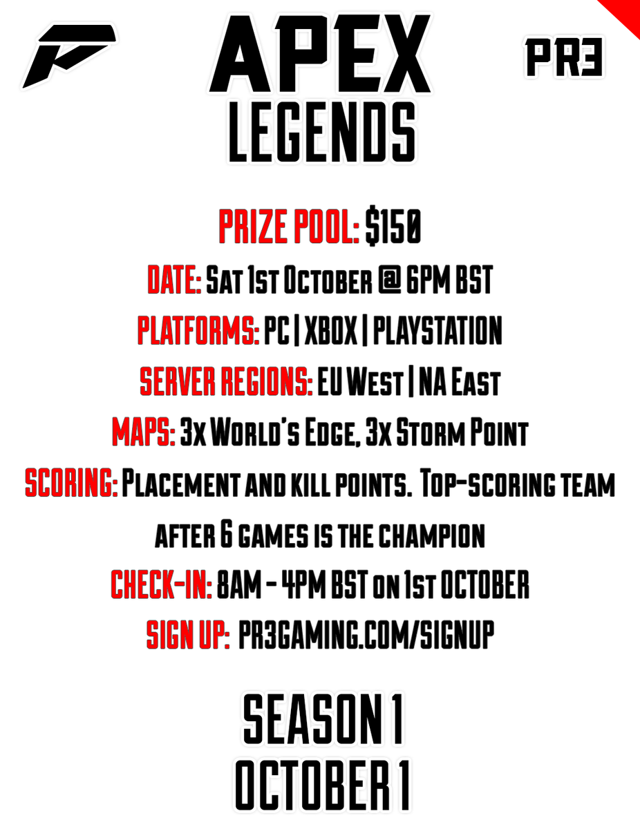 PR3GAMING's tweet photo. 📢ANNOUNCEMENT

PR3 GAMING Apex Legends Season 1 is landing on October 1st! 🤩

🗓️Saturday, 1st October @ 6PM BST
🌍EU &amp; NA Servers
💸$150 Prize Pool
🎮6 Games
👉Sign Up: https://t.co/Yk7qXcJaWW
📺Livestream: https://t.co/rmF6K9Qhdc

@PlayApex #ApexLegends https://t.co/EM5s7BFCVX