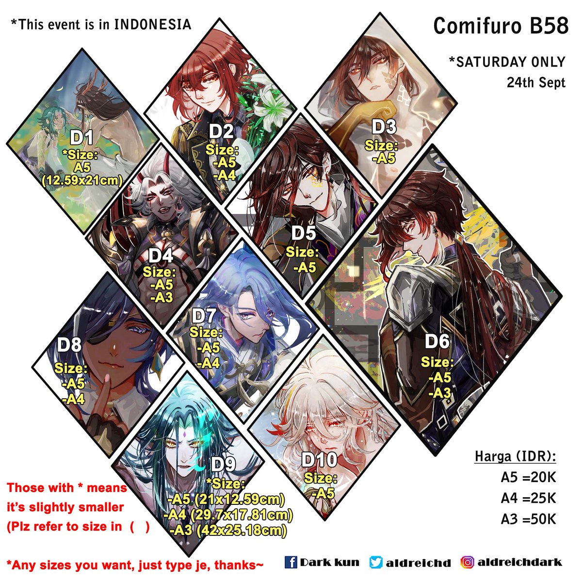 We have decided to open preorders for Comifuro15 for my prints!

BASICALLY;

1) Choose which print u want, what size, what amount. e.g. D7-A5(2), D15-A3(1)

2)Fill in 1) in this Google drive and pay by 11:59pm, Monday, 19th Sept!

https://t.co/GYqJLw6fAZ

#comifuro #comifuro15 