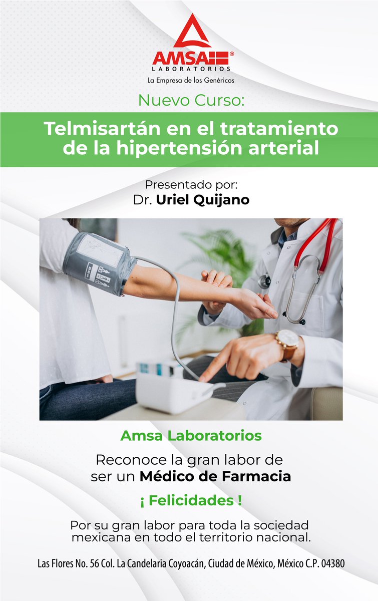 AULAMED Es una plataforma de capacitación virtual para médicos de farmacia.
¡Lo único que necesitas para acceder es registrarte en al siguiente liga! aulamed.com.mx
Encontrarás un nuevo curso: "Telmisartán en el tratamiento de la Hipertensión arterial".