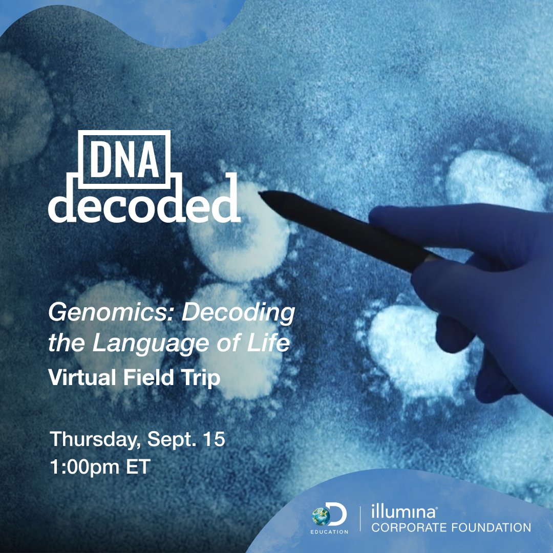 DiscoveryEd's tweet photo. 👨‍🔬 Today! Take students inside the labs at @Illumina to explore cutting-edge DNA sequencing technology that is being used to revolutionize our world!  

🧬 Tune into the Genomics: Decoding the Language of Life Virtual Field Trip at 1PM ET: https://t.co/YCT2Gl8SSc https://t.co/VCpQolL227
