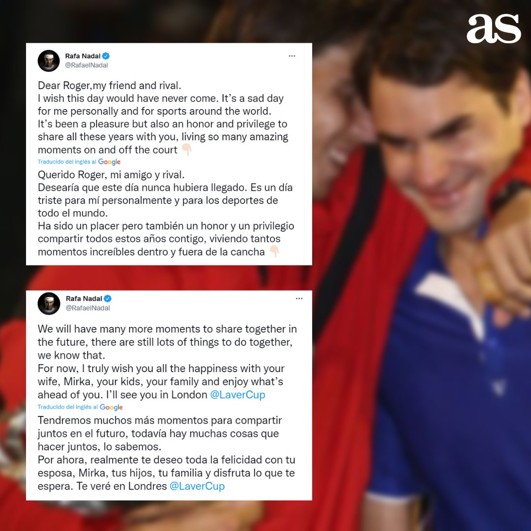 diarioas's tweet photo. 🎾 Reacciones a la retirada de Federer
😥 Rafa Nadal despide a su amigo y rival https://t.co/NHOJA5H674