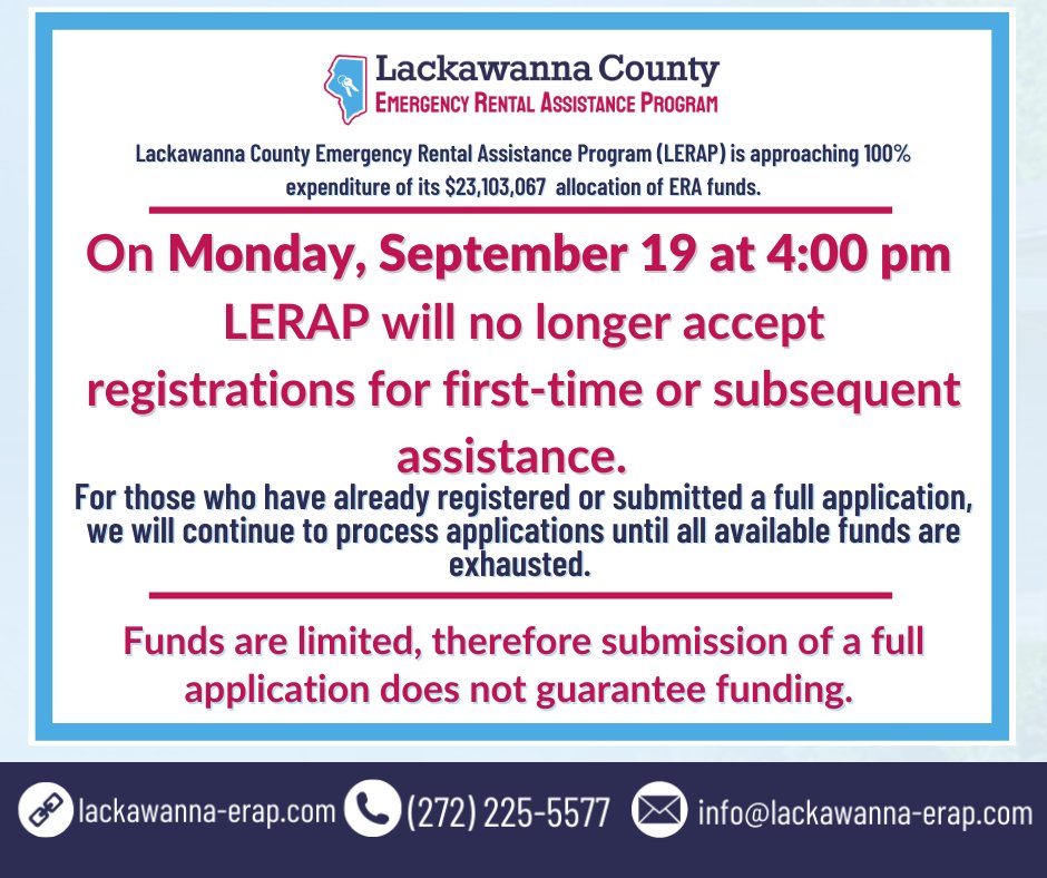 LackawannaERAP's tweet photo. #LERAP is approaching 100% expenditure of its $23,103,067 allocation of ERA funds. https://t.co/uVoKGtsHEz