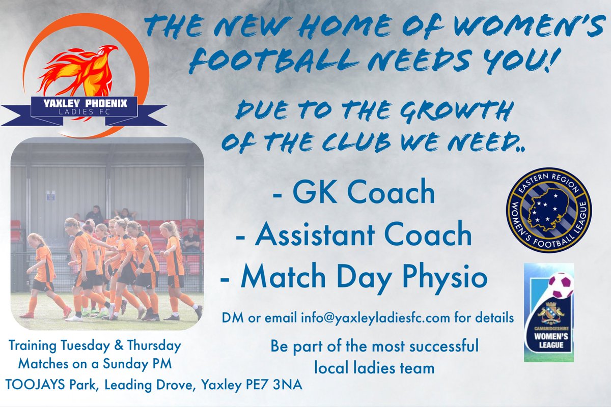YaxleyPhoenixFC's tweet photo. 🚨NEW OPPORTUNITIES🚨 at the new home of women’s football ⚽️💙🧡 Be part of it ….#newera #settingstandards #watchthephoenixfly https://t.co/MlazuMQUfl