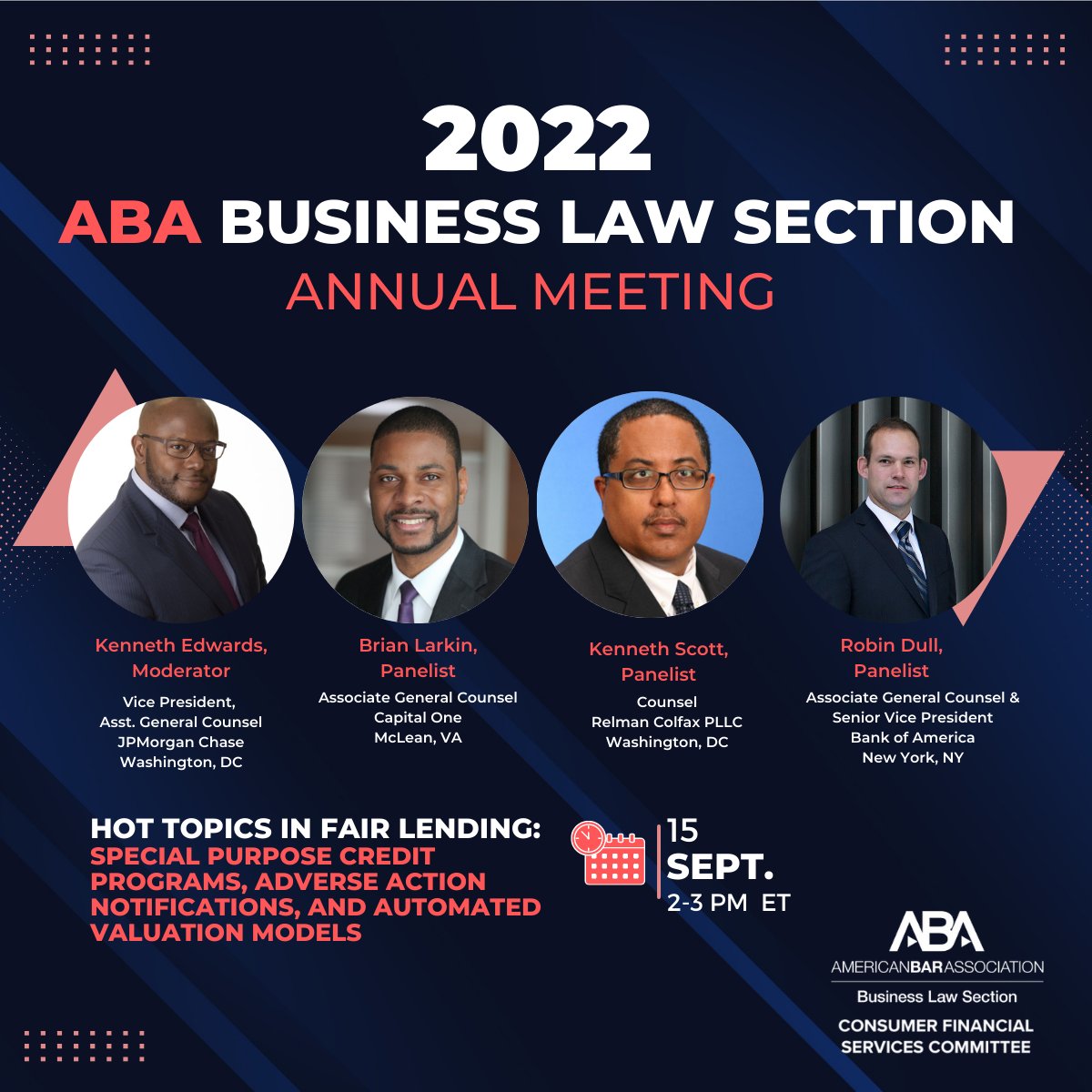 ABABusLaw_CFSC's tweet photo. Our 1st afternoon panel explores:
1. creating &amp; administering special purpose credit programs
2. generating accurate, principal reasons for adverse action notices when using machine learning models in underwriting
3. mitigating bias in automated valuation models.
#BLSAnnual2022 https://t.co/LnlHd7hmVH