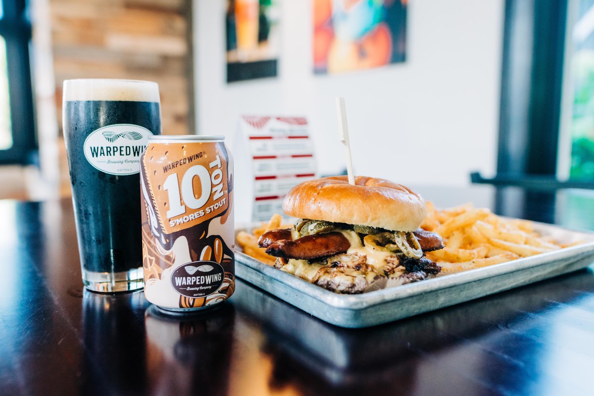 warpedwingmason's tweet photo. This weeks Smokestack sure is a hunk of burnin' love 🔥🔥🔥

Enjoy our #burger topped with smoked pork, spicy mettwurst, fried jalapeños, &amp; creamy beer cheese.

Today is also the launch of our favorite campfire concoction - #10TON #SmoresStout - now #ontap and in 6pk cans to go! https://t.co/EgJGyzUiHx