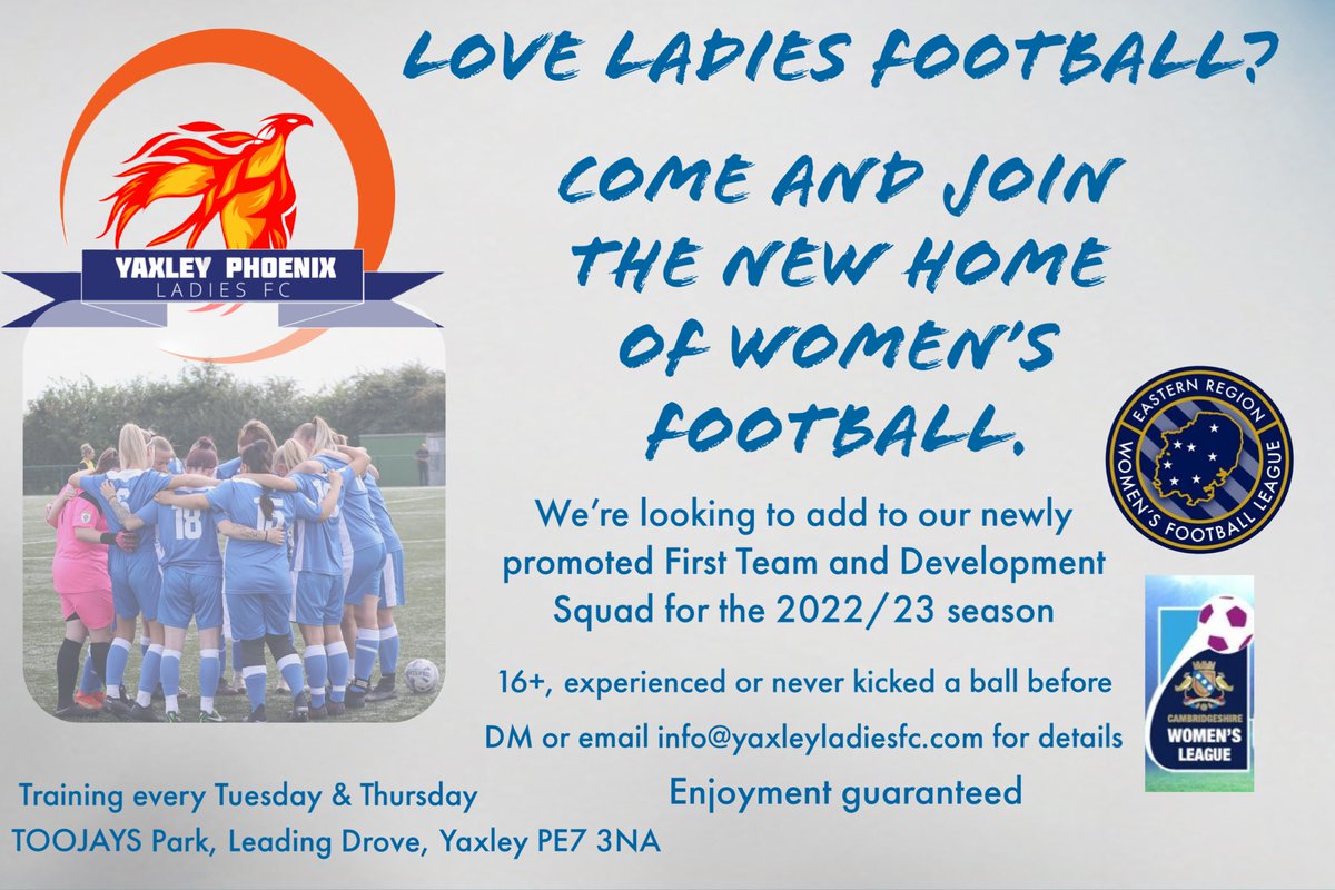 YaxleyPhoenixFC's tweet photo. 🚨Love Football?…join the most successful local Ladies football team🚨 
⚽️💙🧡
@HerGameToo @cambswgleague @ERWFLe @yaxleyfc @YaxleyGazette @PTAlanSwann https://t.co/1Fc67rdBwM