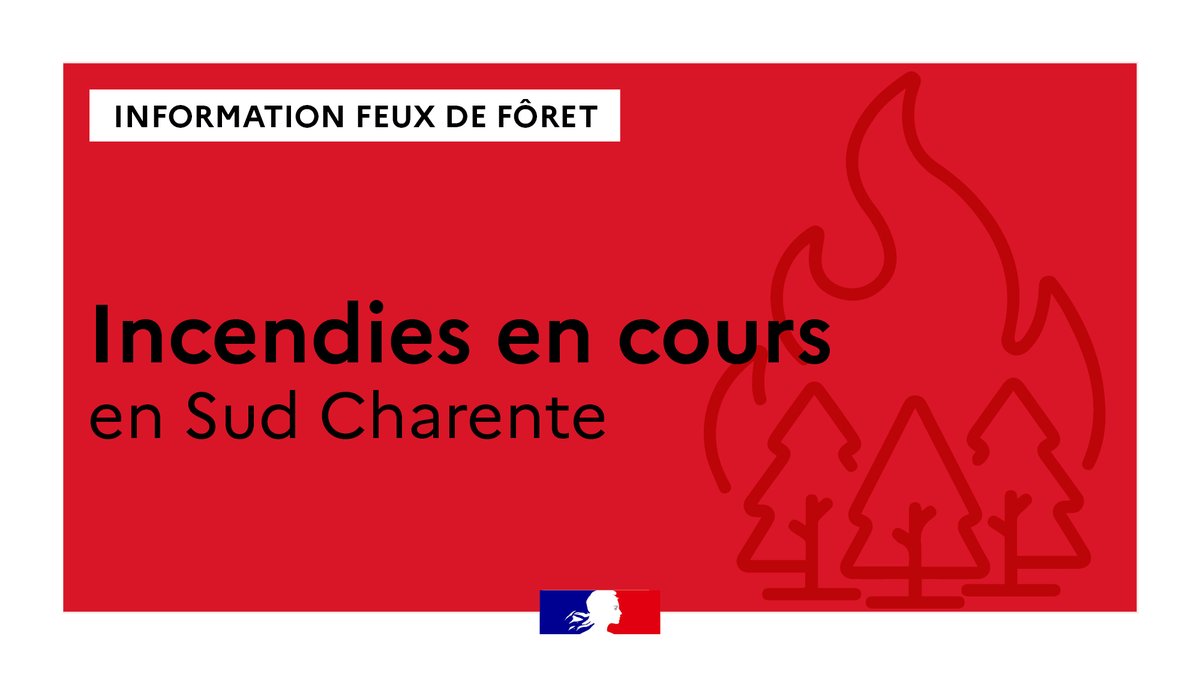 Prefet16's tweet photo. #Incendies en cours 🔥 | Communes du Sud Charente
Point à 18h :
➡️ 150 ha brûlés
➡️ Évacuations de personnes en cours sur les communes de Nonac, Courgeac et Saint-Martial
➡️ D21 et D24 coupées à la circulation autour de la zone. https://t.co/Eyh49Ysylb