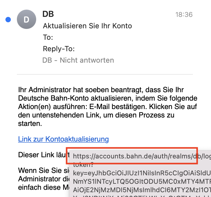 linuzifer (@linuzifer) on Twitter photo Erster Gedanke: "Spam an meine Bahn-only-Adresse?"
Zweiter Gedanke: "oh, der Link geht gar nicht auf eine Phishing-Domain, sondern wirklich zur Bahn…"
Dritter Gedanke "Ich habe einen eigenen Administrator bei der <a href="/DB_Bahn/">Deutsche Bahn Personenverkehr</a> und der beantragt Dinge?"
Vierter Gedanke "???" Erster Gedanke: "Spam an meine Bahn-only-Adresse?"
Zweiter Gedanke: "oh, der Link geht gar nicht auf eine Phishing-Domain, sondern wirklich zur Bahn…"
Dritter Gedanke "Ich habe einen eigenen Administrator bei der <a href="/DB_Bahn/">Deutsche Bahn Personenverkehr</a> und der beantragt Dinge?"
Vierter Gedanke "???"