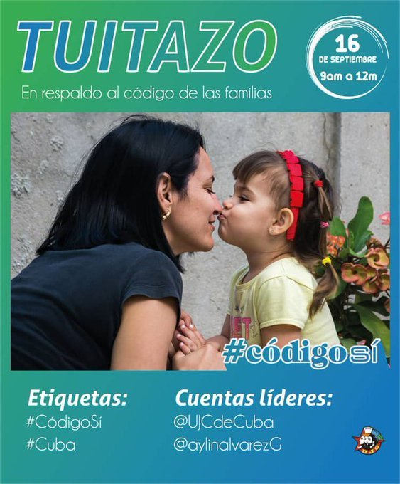 UJCdeCuba's tweet photo. En apoyo a un #CódigoSi   incluyente, humano, que defiende la cubanía y sus valores, por un código de amor a la familia, los jóvenes 🇨🇺 a través de las redes ratificamos nuestro respaldo al nuevo #CódigoDeLasFamilias. #Cuba #UJC @aylinalvarezG https://t.co/LUzS1knmTY