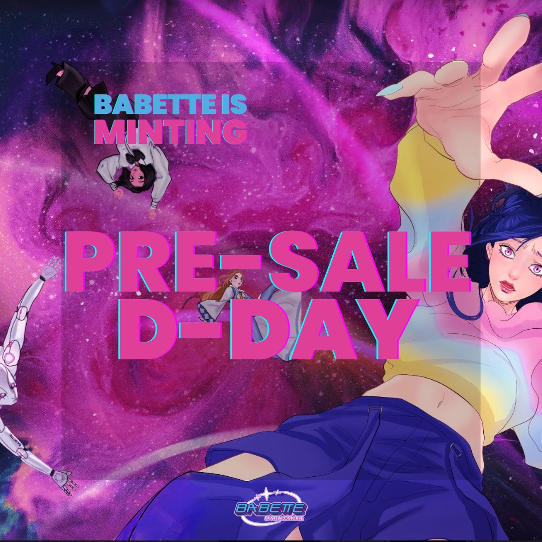 PRE-SALE OPENS IN LESS THAN 9HRS!!!

Mint to get: 
>Exclusive early bird access to the Babette Webtoon prologue
>Writer's Room access
>Producer credits in the webtoon series

Register for pre-sale @ bit.ly/babettepre

#Minting #NFT #NFTs #MintingSOON #NFTCommuntiy