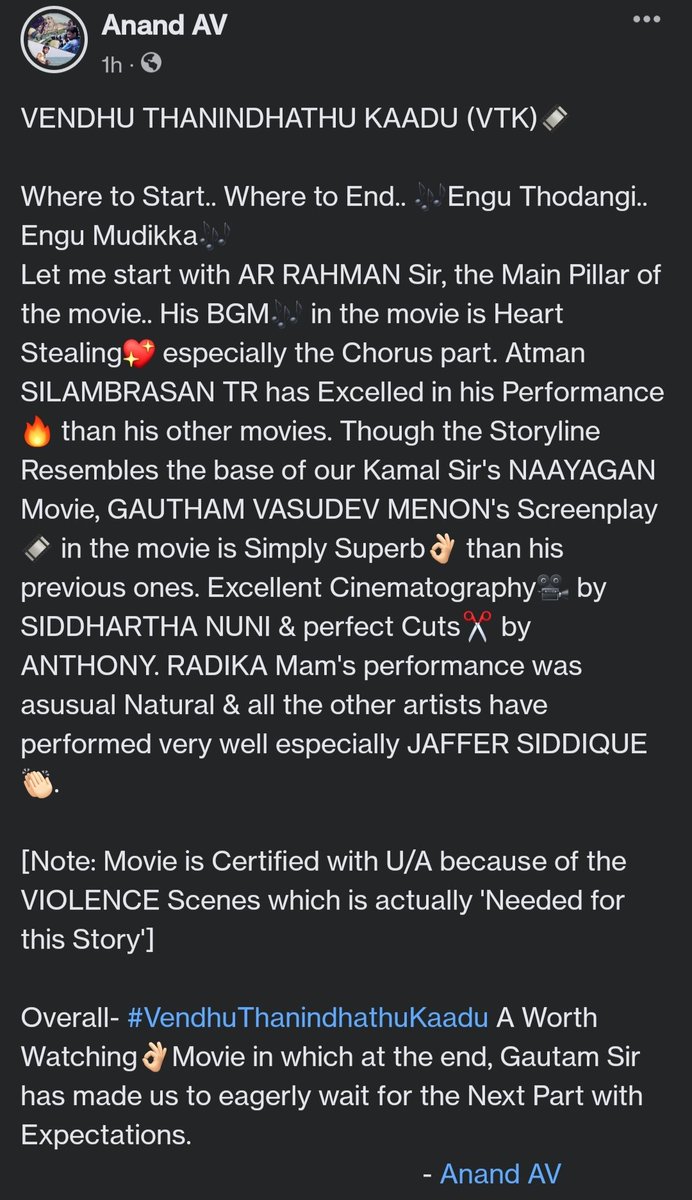 Anand22AV's tweet photo. #VTKFromToday #VendhuThanindhathuKaadu
#SilambarasanTR 💖 @SilambarasanTR_ @arrahman 🎶 @menongautham 🙌🏻 @VelsFilmIntl @RedGiantMovies_
#VendhuThanindhathuKaaduReview https://t.co/Uds4y7uxUG