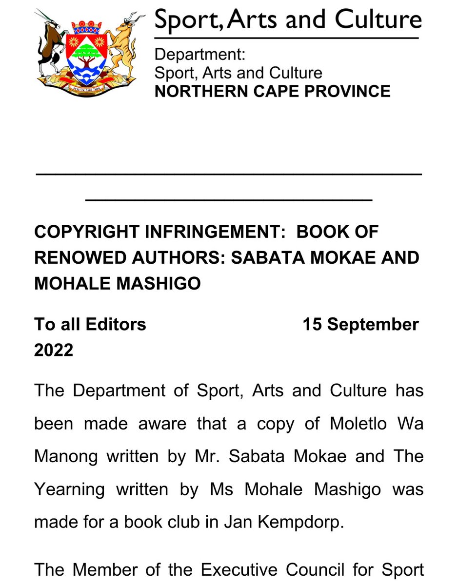 DEVELOPING STORY / @NCapeDSAC finally issues a lukewarm apology and promises to make amends by apologising and a possible settlement to @mokaewriter regarding the dept's copyright blunder. It has also emerged that another author also suffered the same fate @NLSA1 @xarrabooks