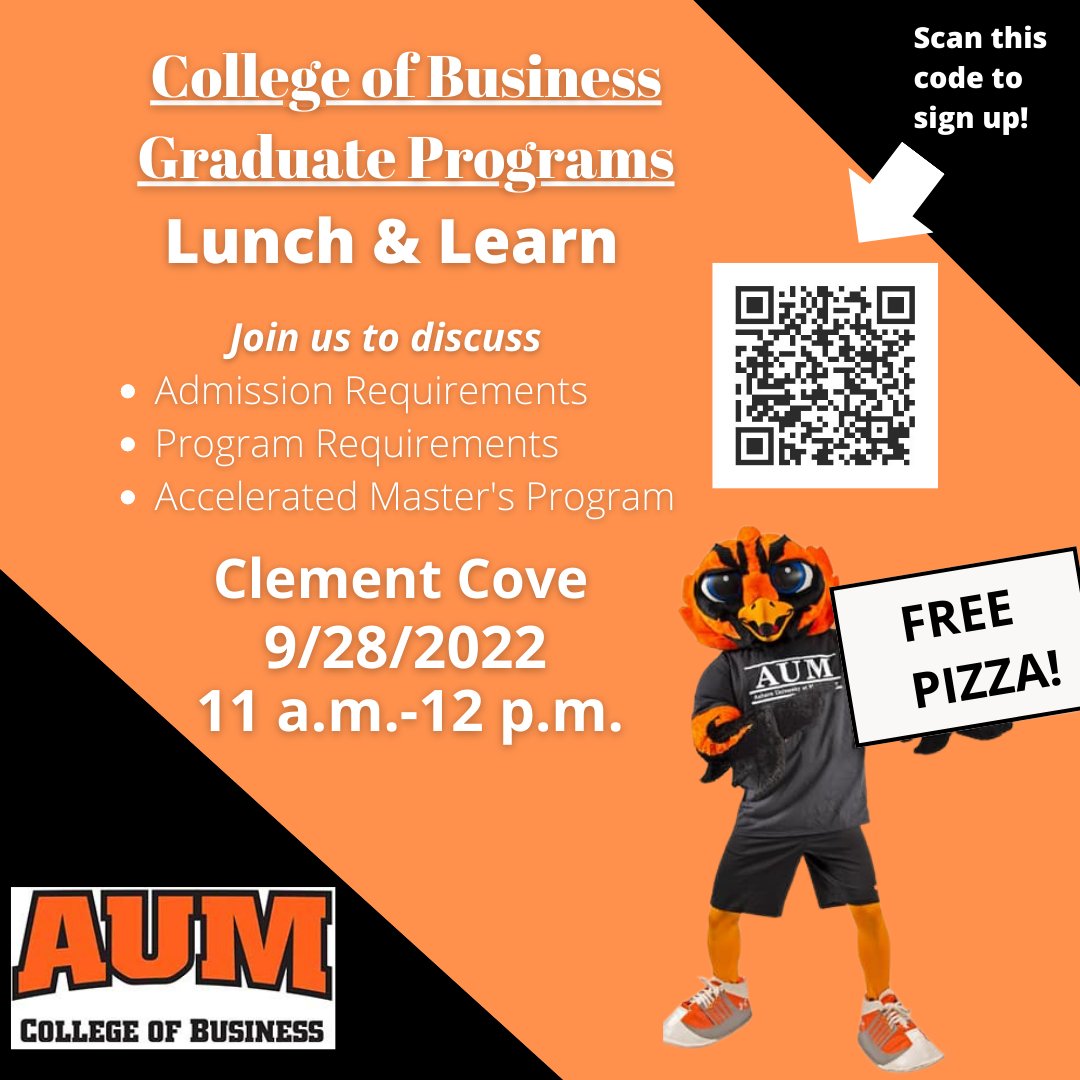 Sign up and learn about the AUM College of
Business graduate programs. 🎓📝🍕
Scan the code or click here:
auburn.qualtrics.com/jfe/form/SV_bd…
#AUM #AUMCollegeofBusiness #AUMBusiness
#Master #GraduatePrograms #WarhawkNation
#ChooseAUM
