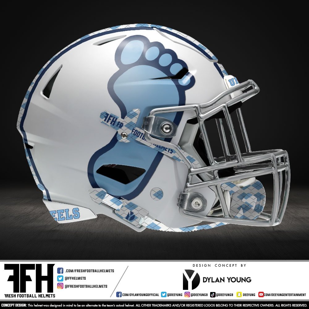FFhelmets's tweet image. North Carolina Tarheels, college. Design concept by Dylan Young. Use of the helmet’s ear hole as the “tar” on the tarheel foot logo. #FreshFootballHelmets #acc