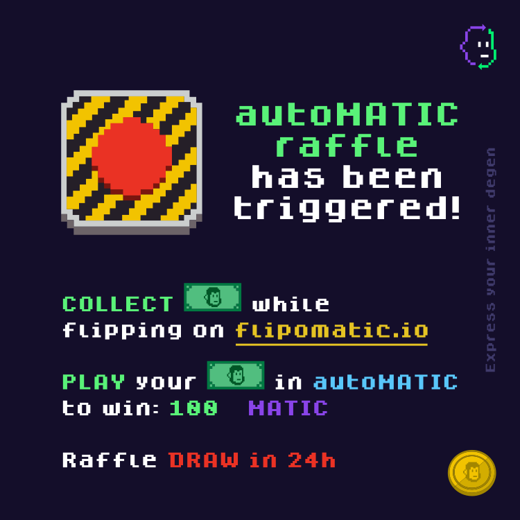 MaticFlipo's tweet photo. 💰autoMATIC has been triggered on https://t.co/CS0sGcIUvf💰
      🚨Draw in 24h🚨
     #Giveaway #NFTGiveaway #crypto #matic https://t.co/ZNdrwEK2Bf