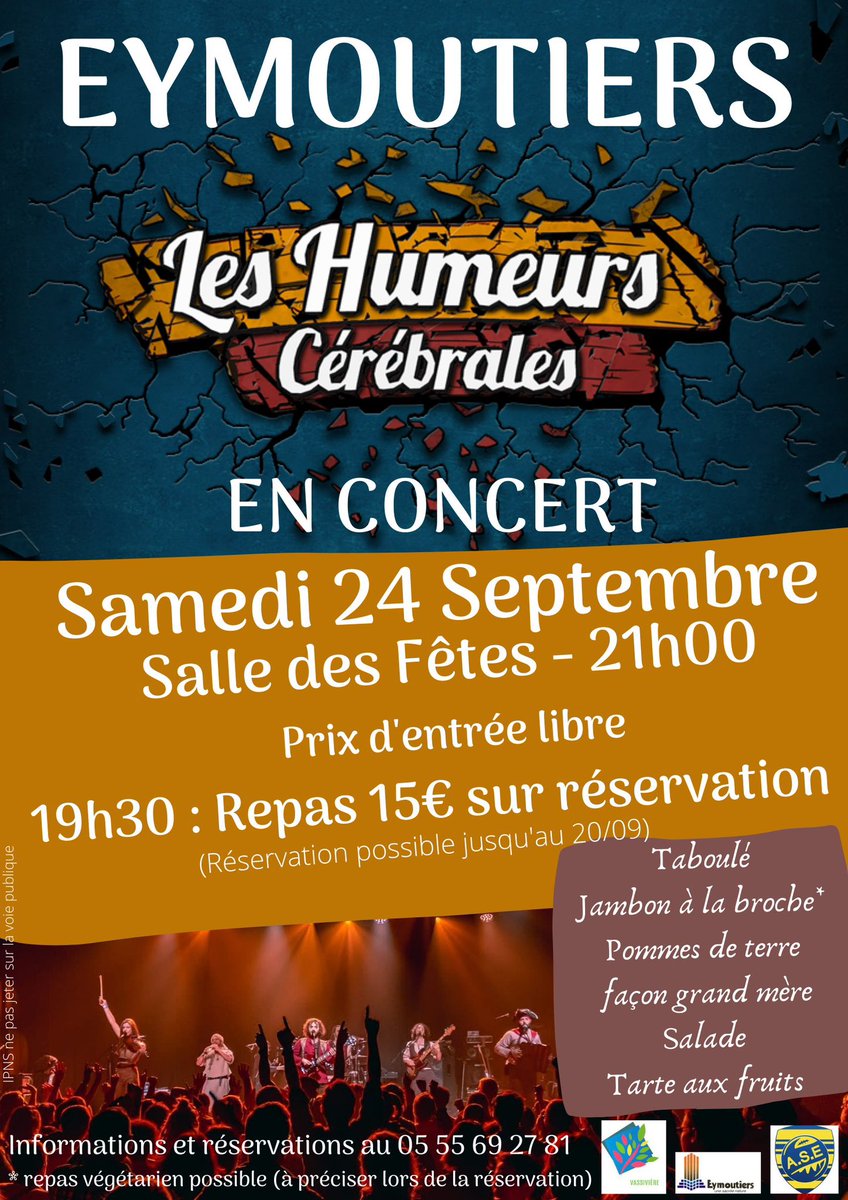AS_Eymoutiers's tweet photo. Soirée Repas-Concert, le 24 septembre. Venez nombreux! Attention, les réservations pour le repas sont jusqu’au 20 septembre 🎉🎶 Cc @CorrezeTourisme @Tourisme_Creuse @tourisme87 https://t.co/MEJKtjasEZ