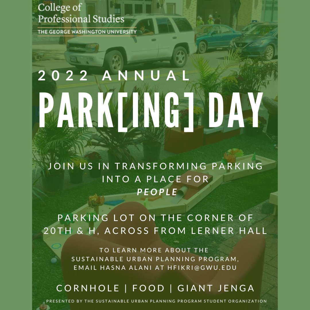 supsocities's tweet photo. Reminder that we will be in Foggy Bottom tomorrow from 9:00am to 4:00pm! Stop by for a break from the routine for games, music, and snacks. We're transforming parking to public space, and we hope to see you there! https://t.co/b287YmntIJ
