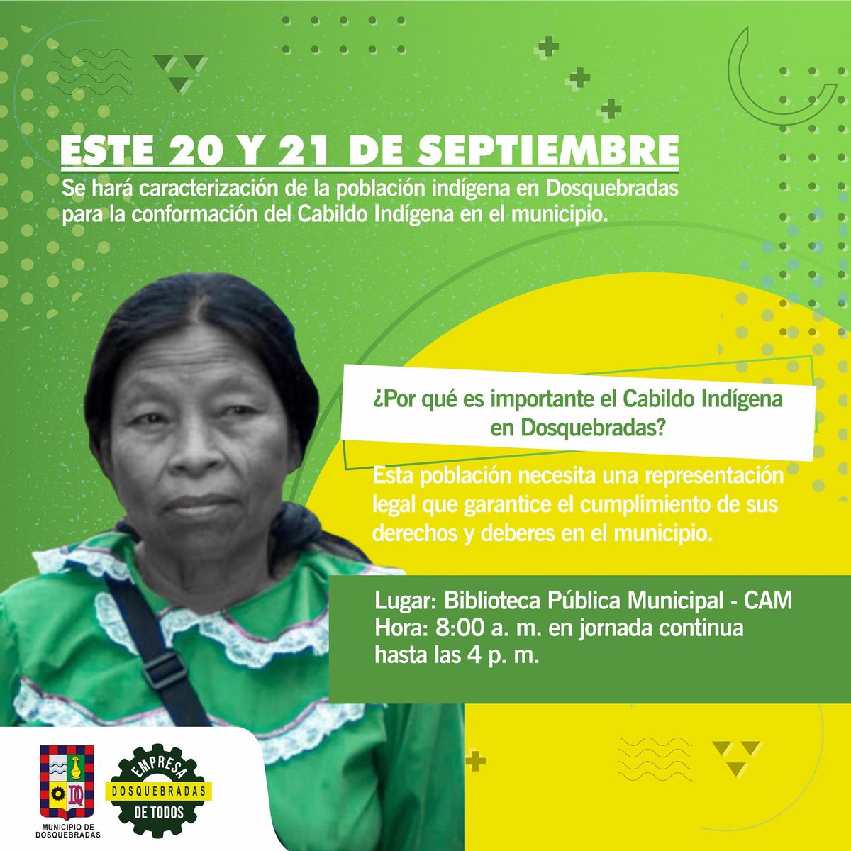SecreDesarrollo's tweet photo. EN DOSQUEBRADAS SE CONFORMARÁ CABILDO INDÍGENA

Desde el programa de 'Grupos Étnicos' apoyamos la convocatoria de líderes indígenas de Dosquebradas para la conformación del primer cabildo indígena del municipio. Este 20 y 21 de Septiembre en la Biblioteca Pública Municipal - CAM https://t.co/30XkRaZDv1