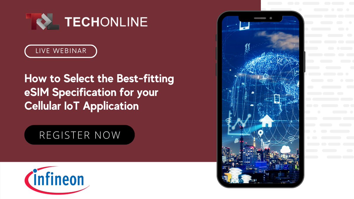 eetimes's tweet photo. #Webinar: Learn the differences between consumer and #M2M models and provide guidance to help you choose the right #eSIM solution for your device type, app, and #business model.
➡️ Register: https://t.co/eAKQUOjA8w
🕑 9/29 @ 10AM CEST
#Sponsored by @Infineon
#TechOnline #EETimes https://t.co/zKrtisAP3K