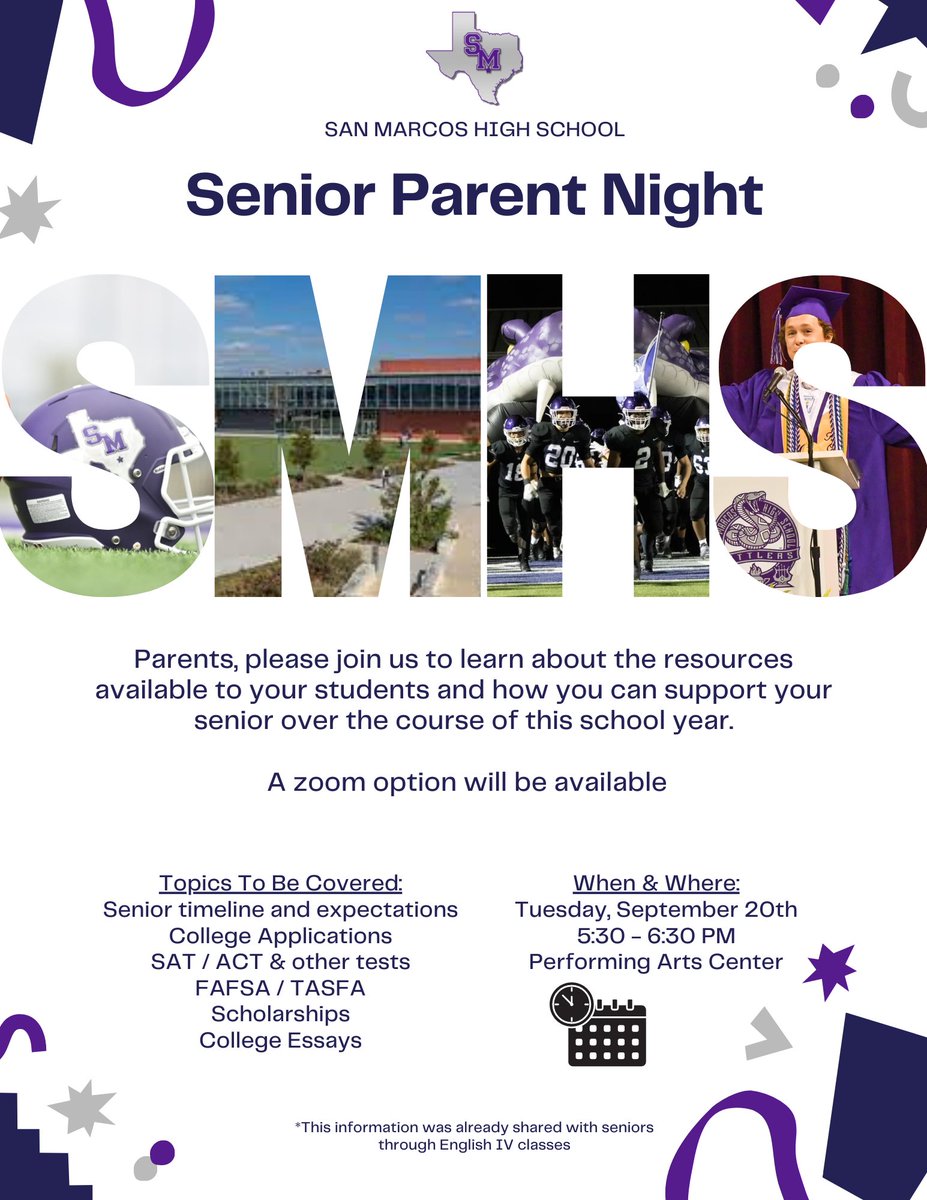 SMHS College & Career Center (@smhs_ccc) on Twitter photo Hey y'all! The senior parent night is coming.
When: Sept 20th, 5:30-6:30 PM
Where: SMHS Performing Arts Center
Parents, please join us as we provide you with info about senior expectations, timelines, and how we are here to help your child have a plan ready after high school. Hey y'all! The senior parent night is coming.
When: Sept 20th, 5:30-6:30 PM
Where: SMHS Performing Arts Center
Parents, please join us as we provide you with info about senior expectations, timelines, and how we are here to help your child have a plan ready after high school.