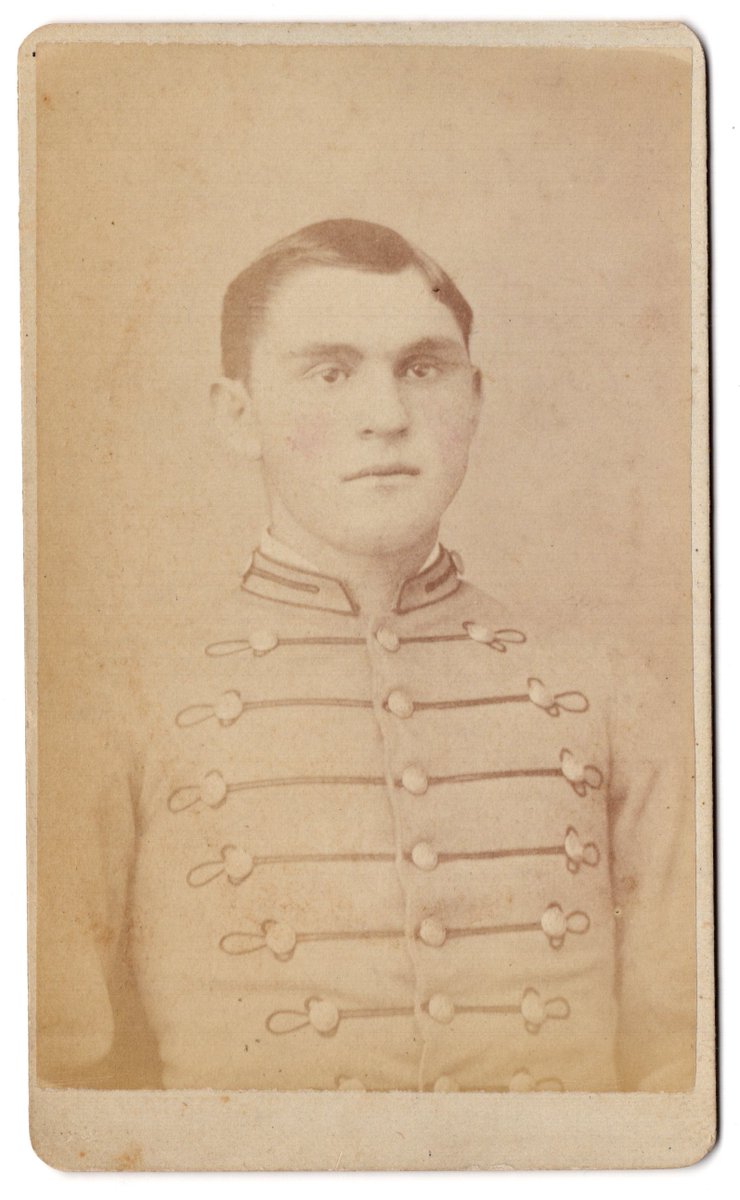 crossingdan's tweet photo. Sometime in the early 1880s, these two @virginia_tech  cadets had their portraits taken by C. A. Pugh in Blacksburg. The uniform they wear was the dress uniform adopted by VPI in 1883, it was a copy of West Point's pattern gray coatee. It remained VPI's dress uniform until 1931. https://t.co/p9gADGp7Fb