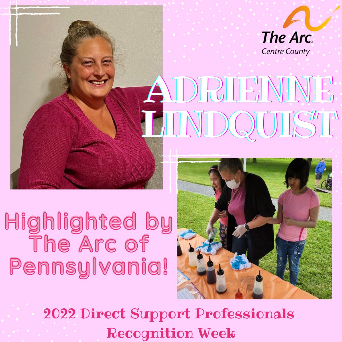 TheArcCentreCo's tweet photo. We're kicking off today's recognition with ADRIENNE LINDQUIST, of our Madison Program! #DSPRW2022 https://t.co/4U382SAXtF