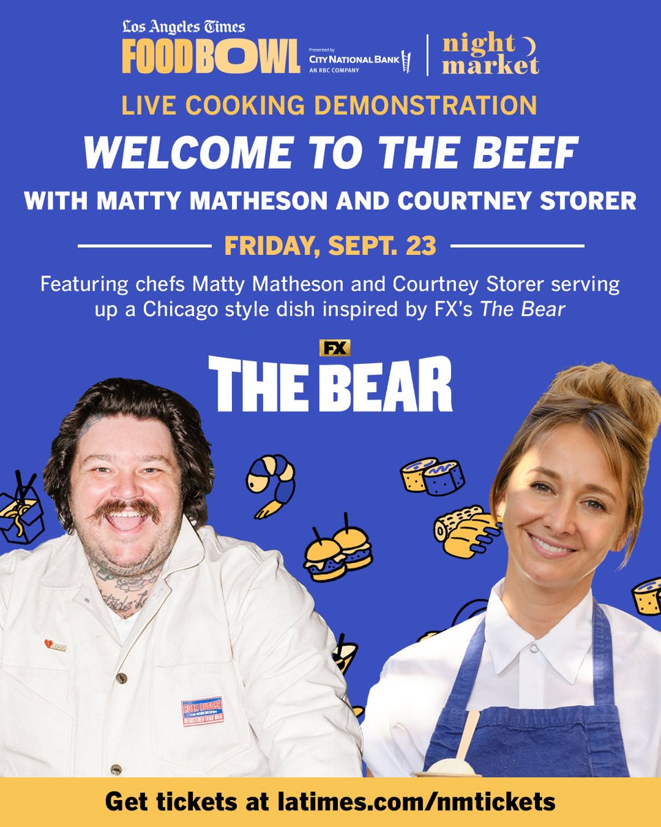 TheBearFX's tweet photo. Courtney Storer and @mattymatheson demonstrating a recipe inspired by the @thebearfx TV show. Chicken piccata, anyone? ๐ด Tickets at https://t.co/vwy6w9sXHh! ๐ #lafoodbowl #30daysoffood @lafoodbowl @latimesevents @latimesfood @latimes https://t.co/pY0mNJRQ3s