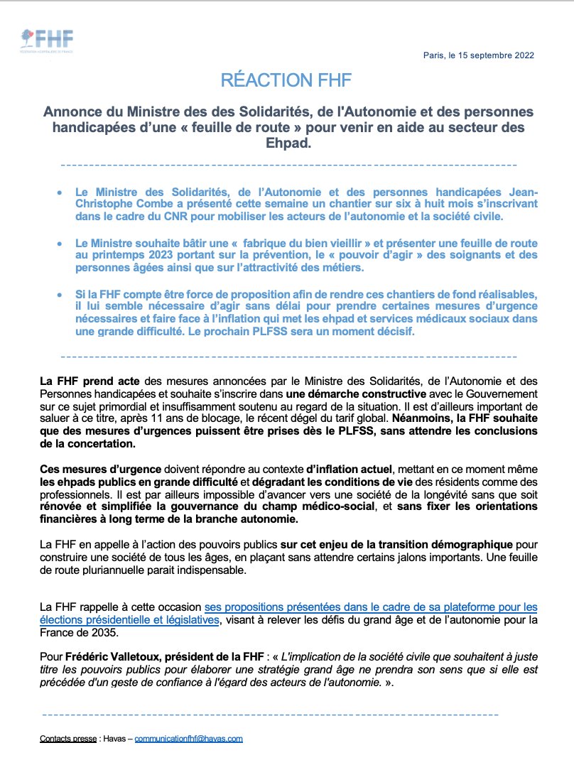 laFHF's tweet photo. [ Communiqué ] « feuille de route » pour venir en aide au secteur des #EHPAD : si @lafhf est dans une démarche constructive, il est nécéssaire de prendre certaines mesures d'urgence &amp; d'agir face à l'#inflation dès le #PLFSS au regard des difficultés des établissements ⬇️ https://t.co/e9uDef6Lz7