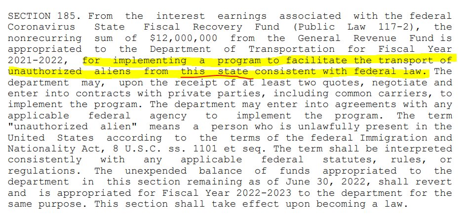 Ron DeSantis appears to have misused public funds to fly migrants from Texas to Massachusetts. He cited $12 million in the FL budget allocated to relocating migrants, but the $12M is for relocating migrants who are *in Florida*, not migrants in Texas. flsenate.gov/Session/Bill/2…