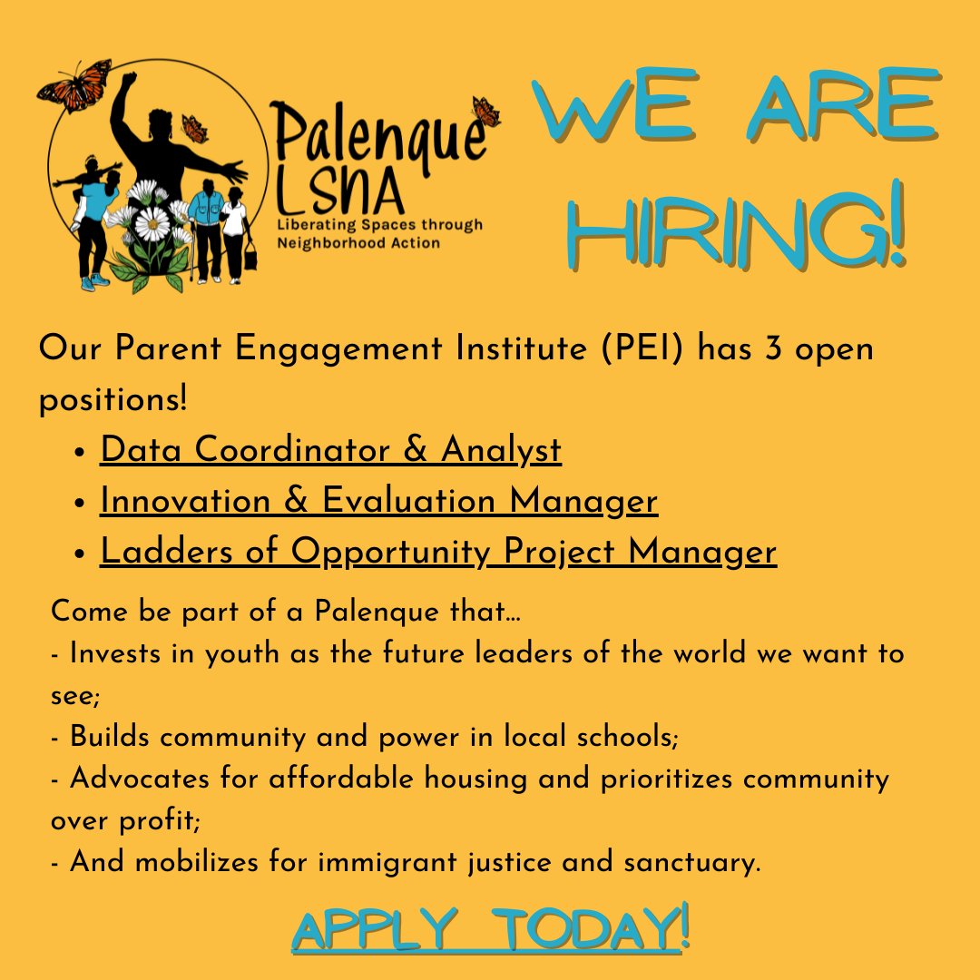 Our Parent Engagement Institute (PEI) is hiring for 3 positions! Learn more and apply today at palenquelsna.org/careers