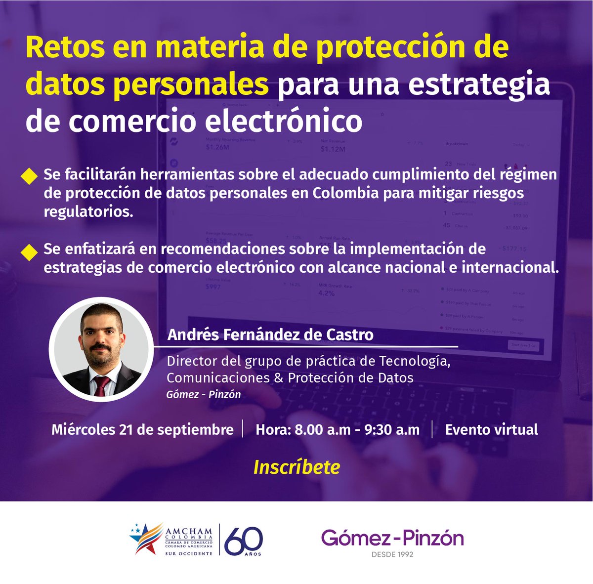 AmchamCali's tweet photo. Los invitamos a la conferencia virtual sobre los "Retos en materia de protección de datos personales para una estrategia de comercio electrónico" que estará a liderada por la firma @GPALegal  el próximo 21 de septiembre a las 8:00 a.m.

Inscríbase aquí: https://t.co/LPsmuMEjgO https://t.co/OxMjkMzwmz