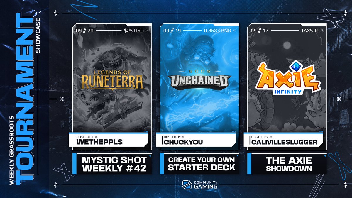 CommunityGaming's tweet photo. Not gonna lie, this week's Grassroot event lineup is lookin hot!🔥 Get signed up below! ⬇️

👉@SlugFestAcademy - Axie Infinity: Origin
🔗https://t.co/yxYuSrjXSr

👉@starterdecksgu - Gods Unchained
🔗https://t.co/j5bxHjXb7d

👉@Thatwetheppls - Runeterra
🔗https://t.co/bX8tXp43WY https://t.co/ErrhJBd8i8