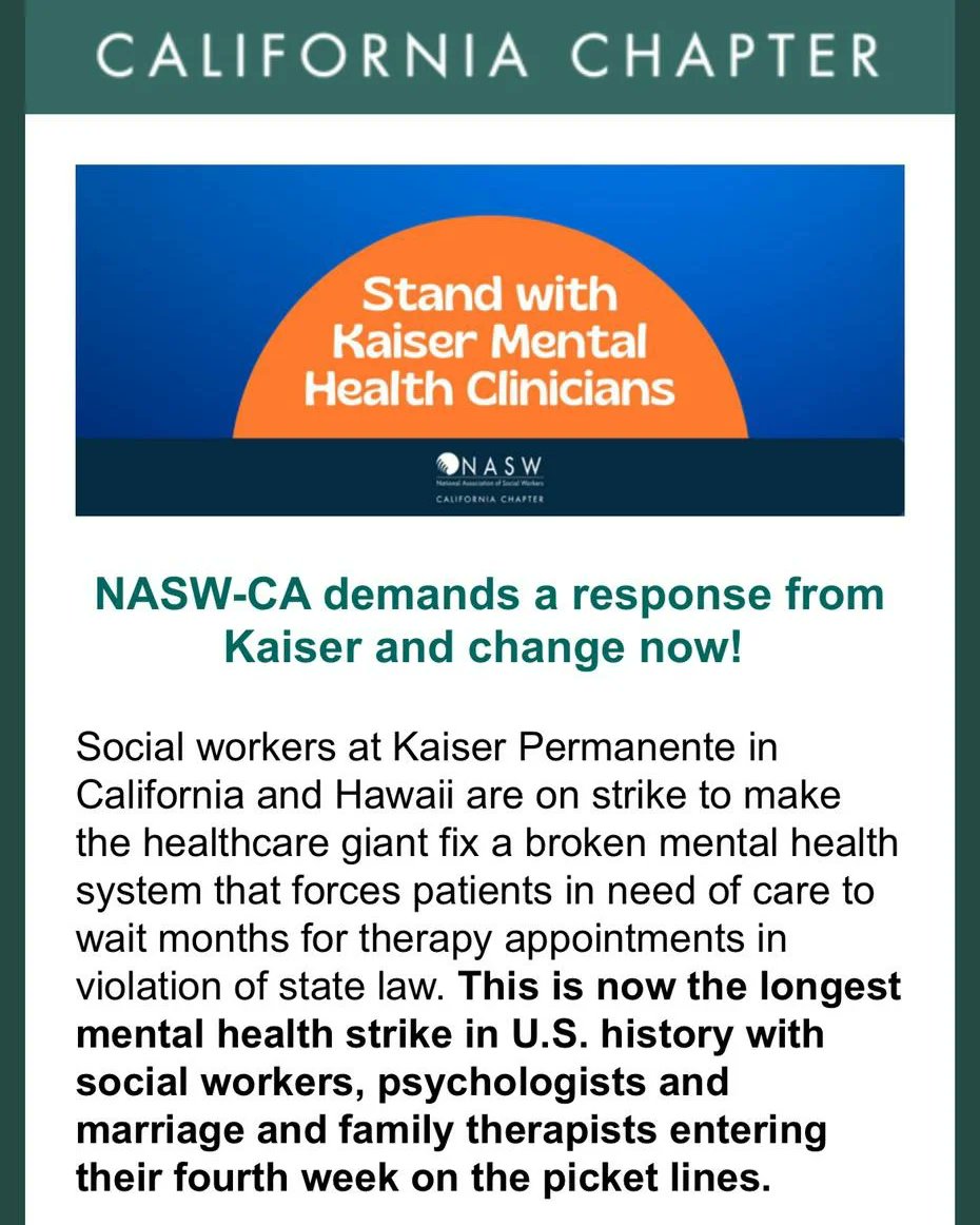 XingonaB's tweet photo. @CathieA_SacBee @NUHW @GavinNewsom is enraging when @kpnorcal #NUHW #mentalhealth therapists are on day 32 of the longest #strike in US history to improve mental healthcare at @kpthrive for our most vulnerable patients! #Kaiser breaks the law &amp; #Newsom lets them--tell him to act! #mentalhealthmatters https://t.co/RIvSzX1yKF