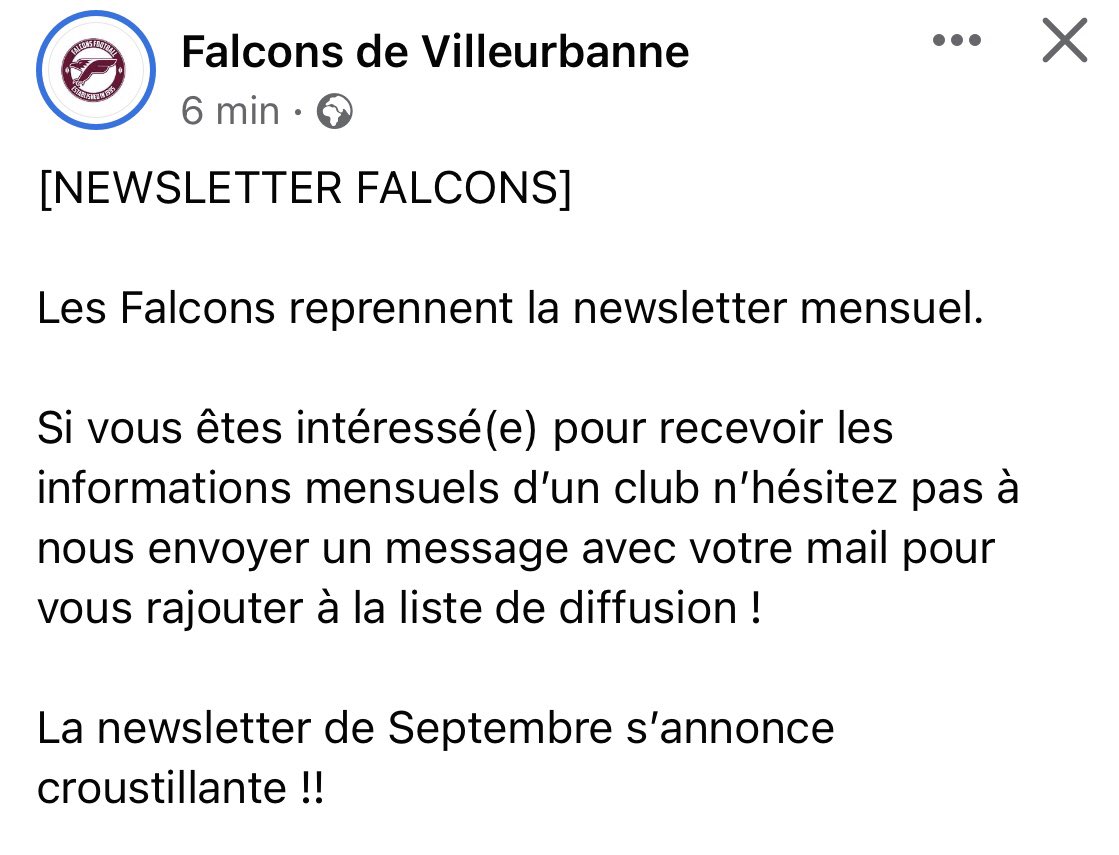 [INFO CLUB]
Vous voulez les infos mensuellement du club? Abonnez-vous à notre newsletter ! #newsletter #falcons #footus #sport #villeurbanne #rhone