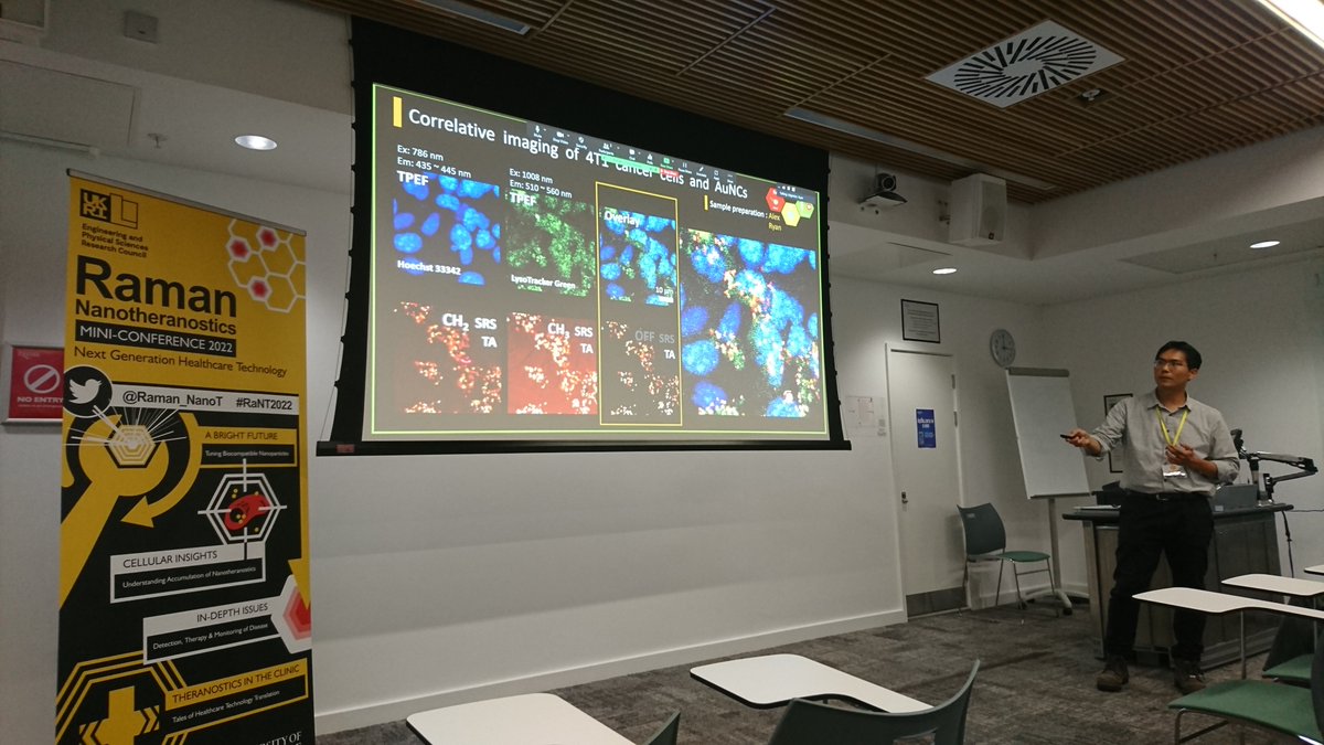 Next up: session co-chair, our own <a href="/ChunChinWang1/">Chun-Chin Wang</a> showing how #SRS, #TPEF &amp; #TA are being used by RaNT to image gold #nanoparticles #AuNPs in #Cancer cells 🔬✨🦠✨🎯

Steps towards targeting specific cancers for non-invasive diagnosis &amp; treatment!
