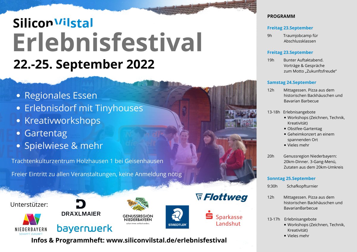 FabLabMuc's tweet photo. Niederbayern aufgepasst: 
Die Initiative Silicon Vilstal veranstaltet vom 22-25.09. das 7.Silicon Vilstal Erlebnisfestival auf dem Vierseithof des Trachtenkulturzentrums in Holzhausen 1 bei Geisenhausen. Mehr dazu: https://t.co/mA7iRtwXmE 
#siliconvilstal #erlebnisfestival22 https://t.co/V1CHEkfOb9