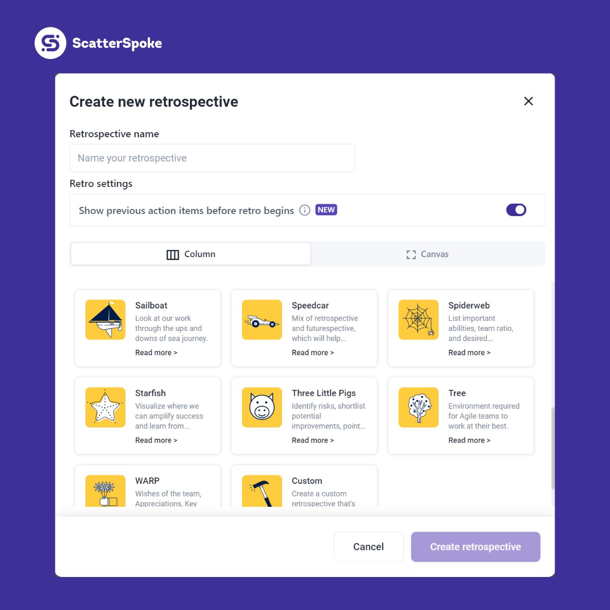 🌶️Spice things up in your retrospectives

Try 1 of 20 retro templates available with ScatterSpoke:
🌶️ three little pigs 
🌶️ starfish
🌶️ lean coffee
🌶️ hot air balloon
and more!

Sign up for free to try all retro templates: hubs.ly/Q01m24X-0
#teams #retro #improvement